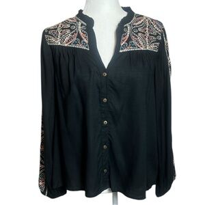 NKN Nekane Black Embroidered Ruffle Collar Long Sleeve Button Up Small NWT
